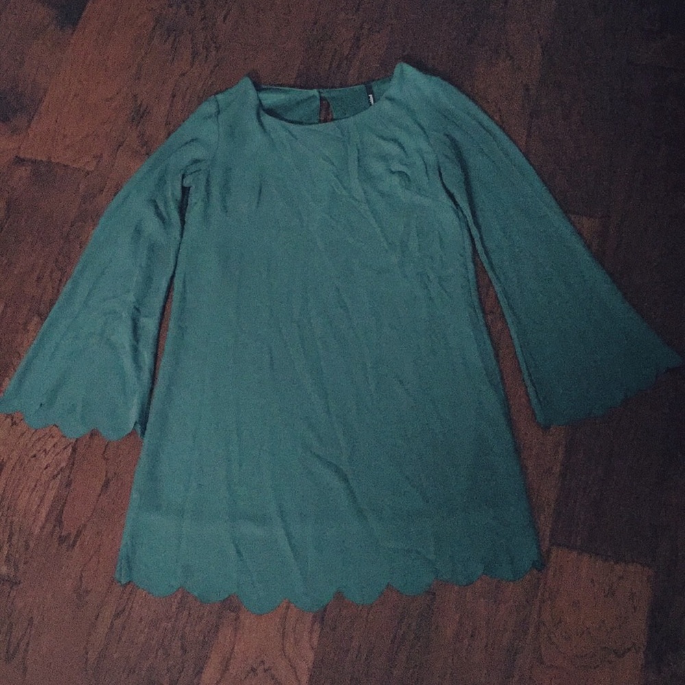 Emerald Dress with Scalloped Edges + Bell Sleeves